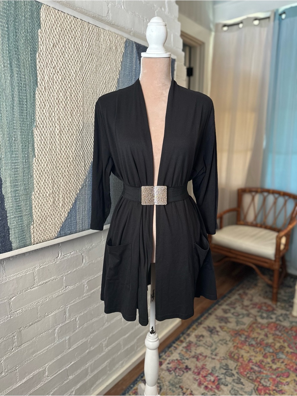 Shiali Black Knit Open Front ¾ Sleeve Cardigan - Picture 2 of 12